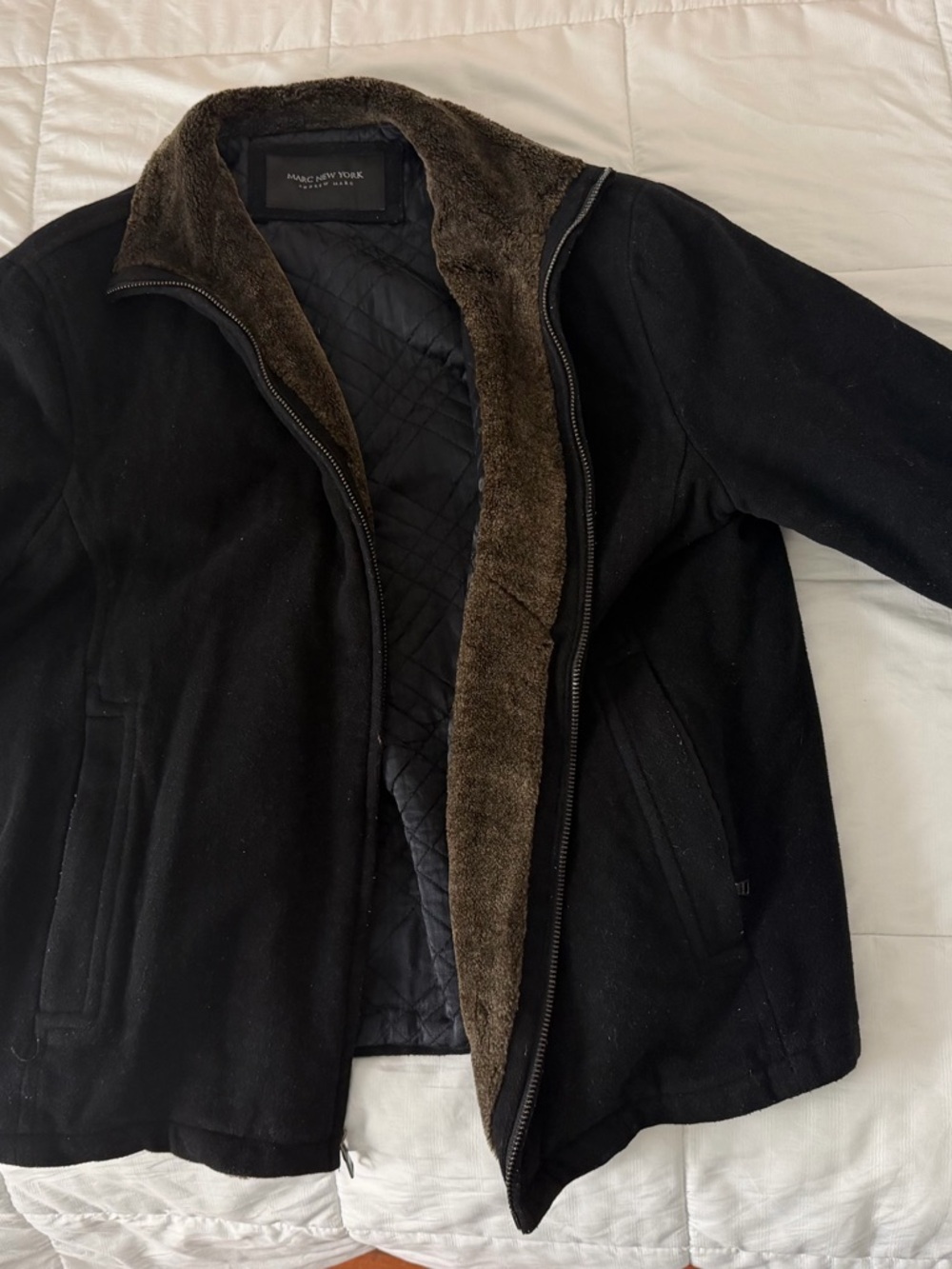 Marc New York Black Pea Coat with Brown Faux-Fur Lining